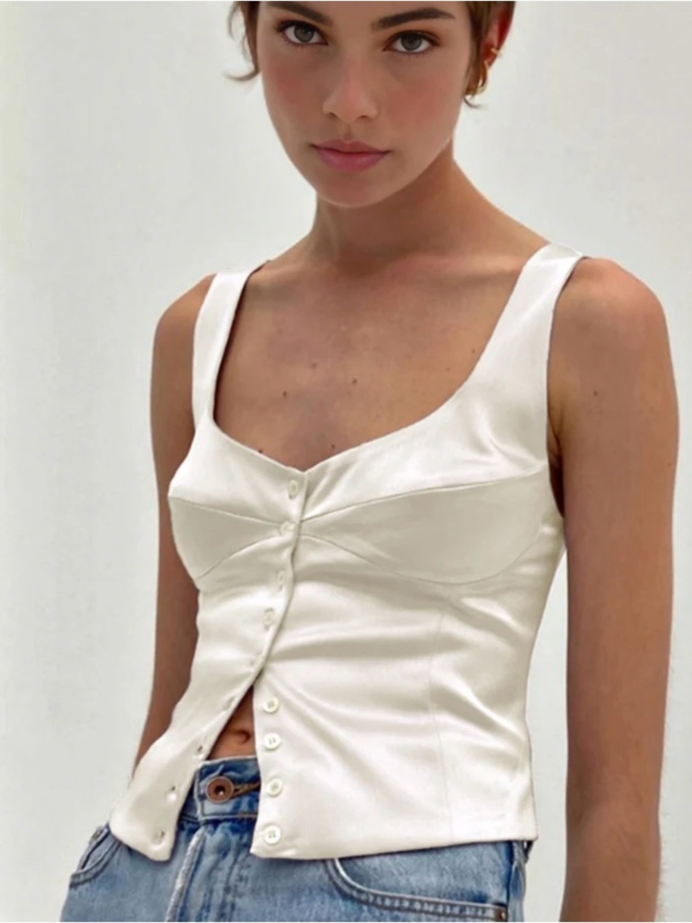 NWT Commense Cream Satin Button-Front Camisole Tank Top Small